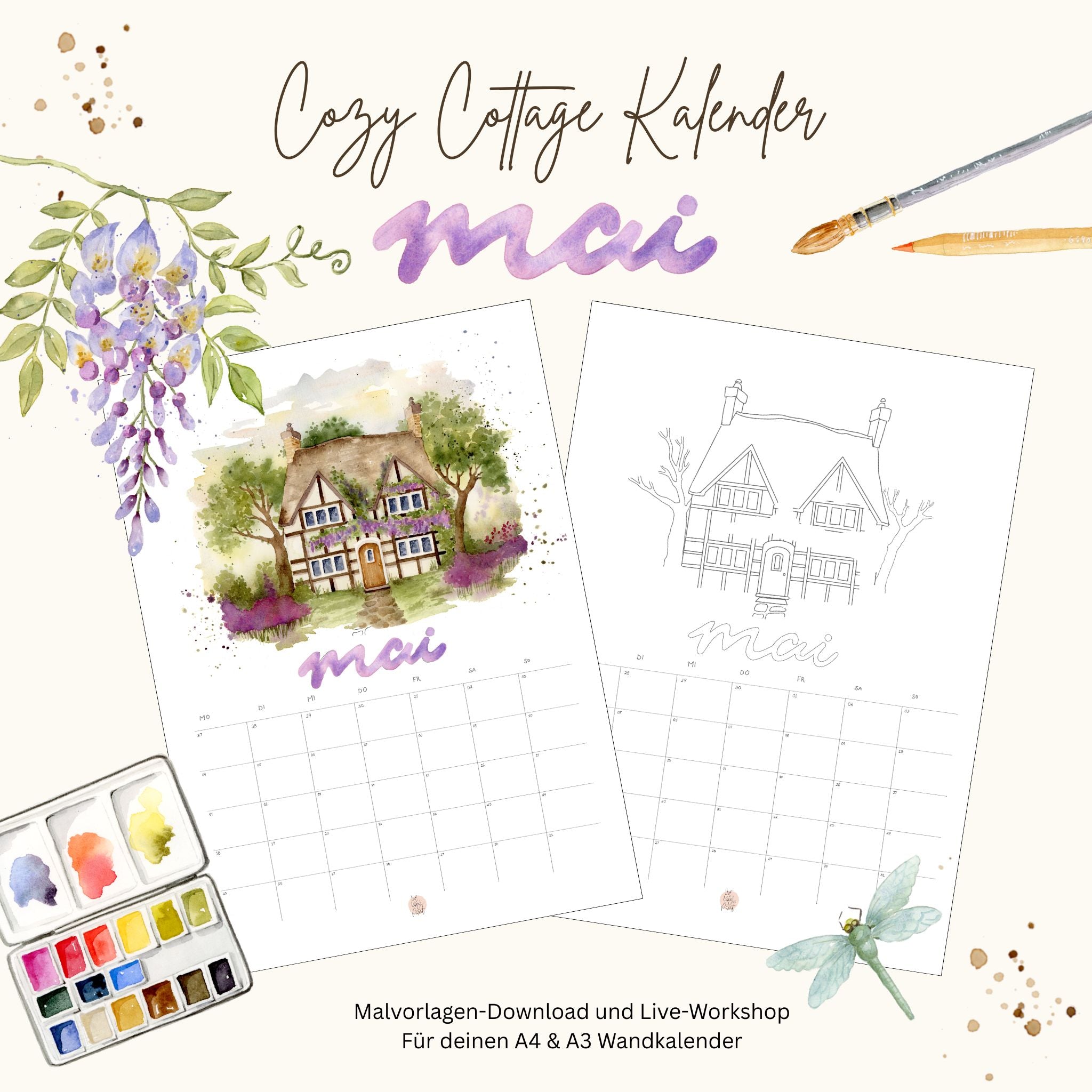 Cozy Cottage Kalender 2026 - Mai Vorlagen, Guide und live Online-Workshop  "Blauregen Cottage"