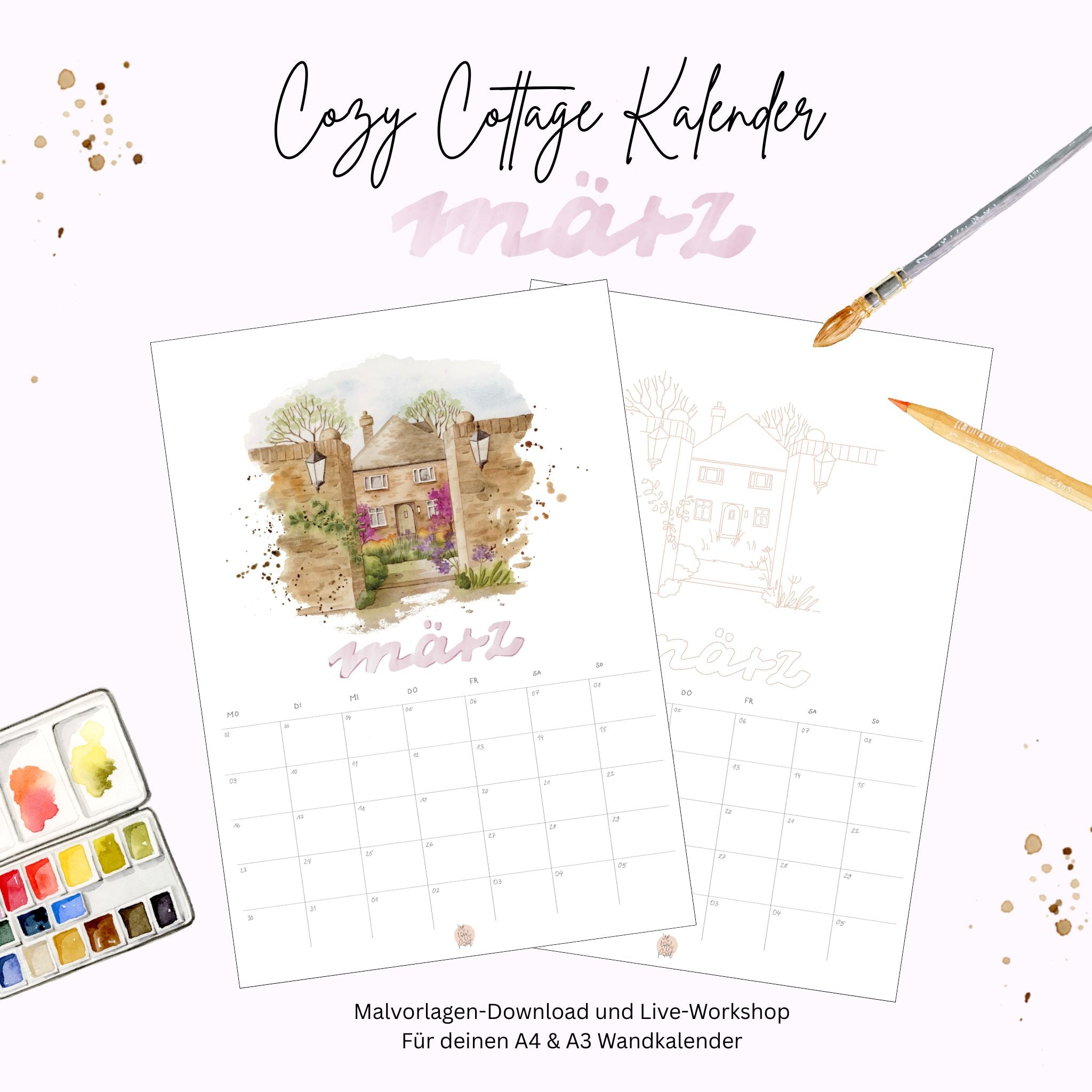 Cozy Cottage Kalender 2026 - März Vorlagen und Guide "Postcards from England"