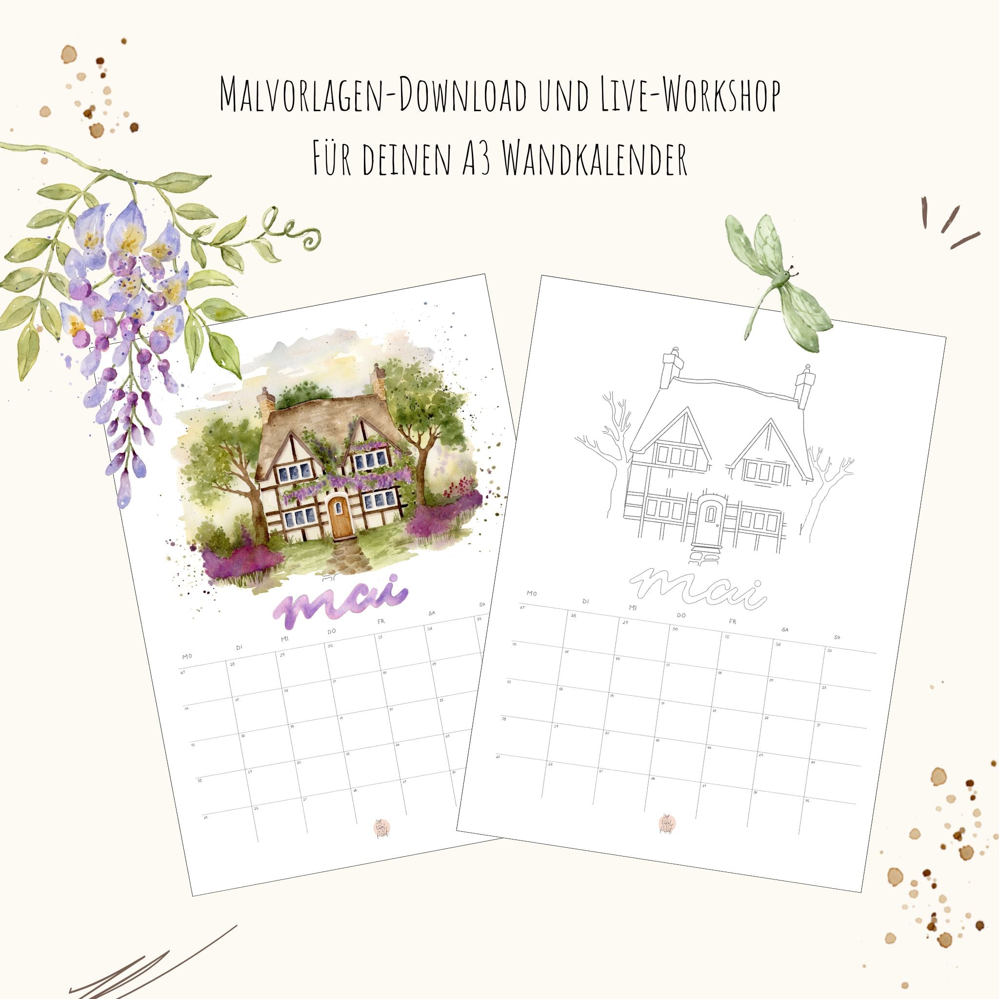 Cozy Cottage Kalender 2026 - Mai Vorlagen, Guide und live Online-Workshop  "Blauregen Cottage"