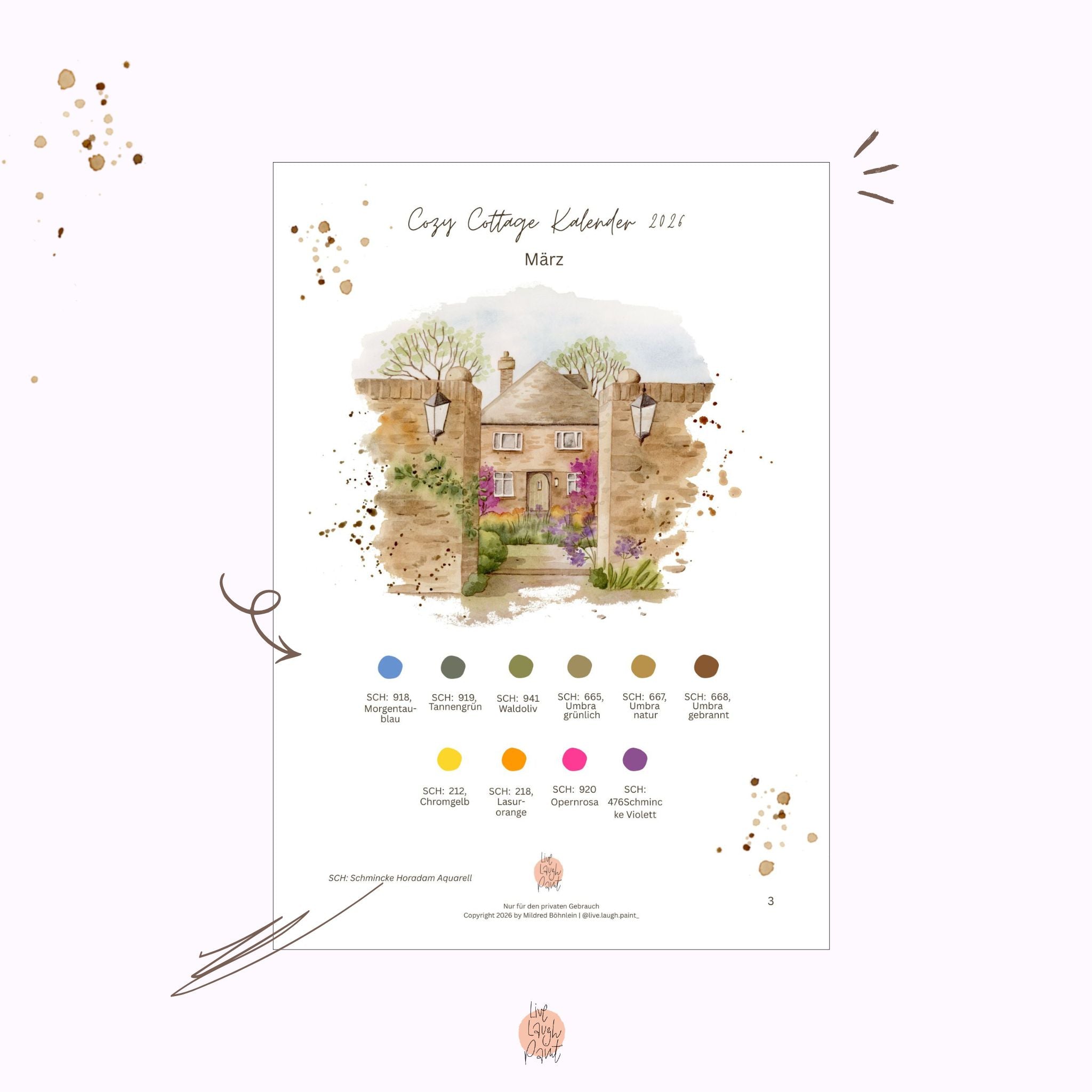 Cozy Cottage Kalender 2026 - März Vorlagen und Guide "Postcards from England"