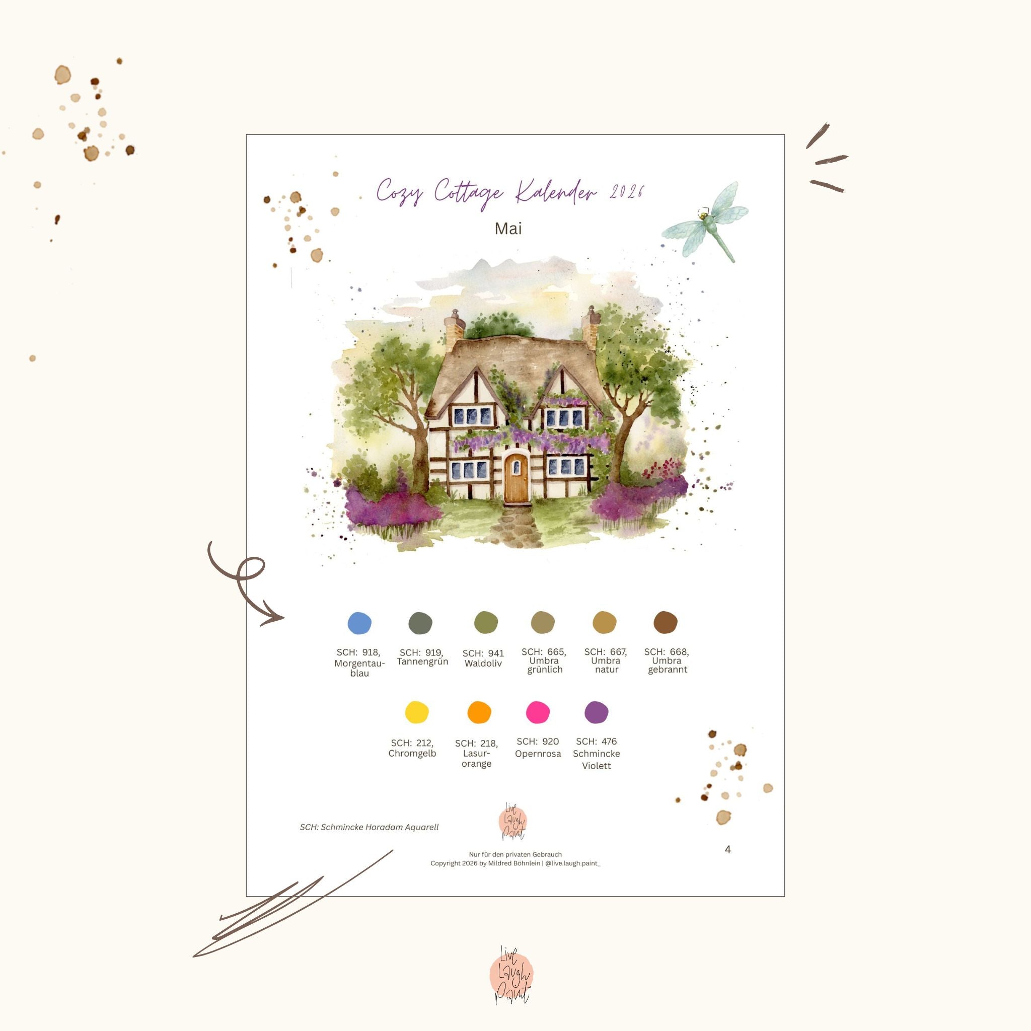 Cozy Cottage Kalender 2026 - Mai Vorlagen, Guide und live Online-Workshop  "Blauregen Cottage"