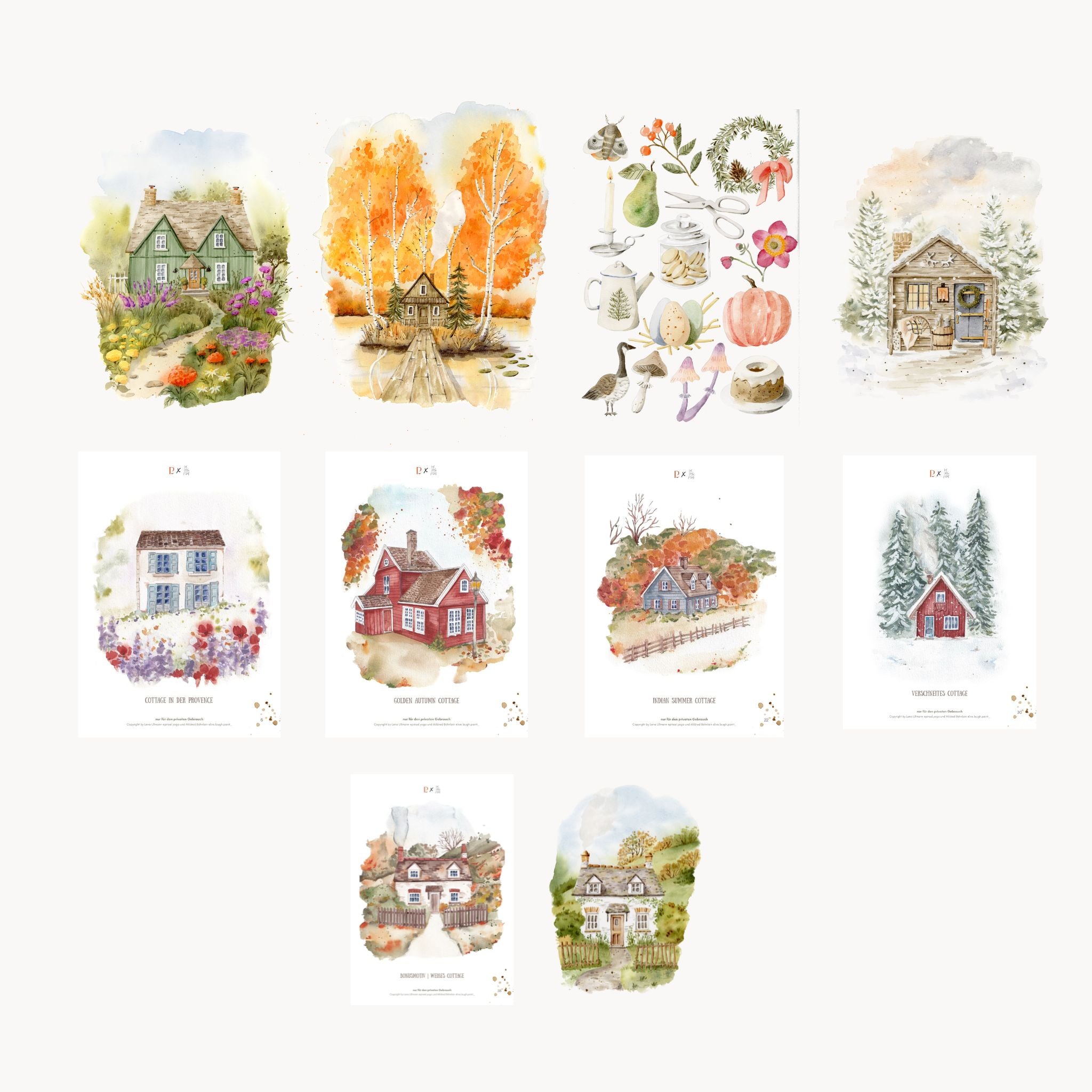 Cottage Dreams – Aquarell-Vorlagenpaket (8 Motive + Bonus)