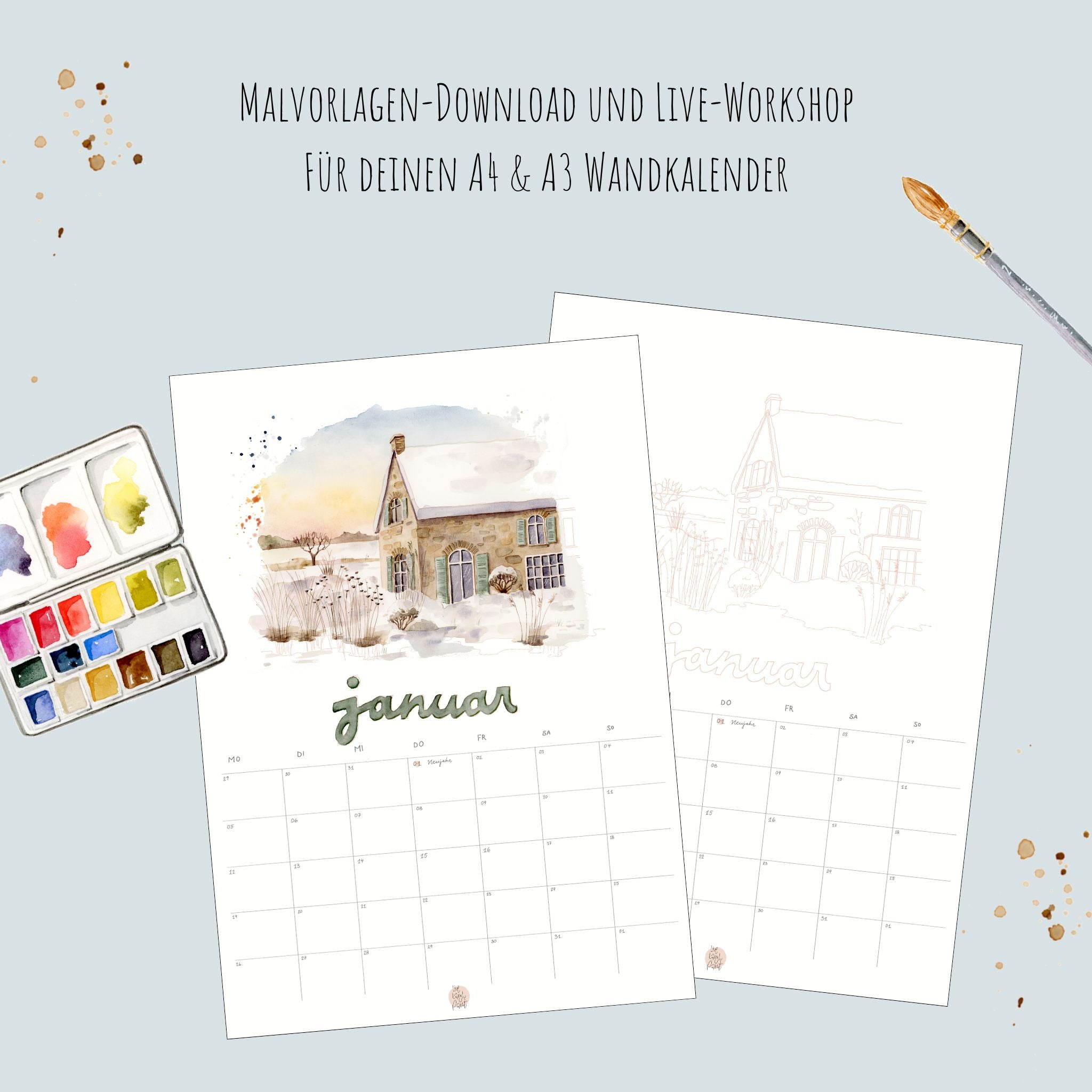 Malvorlage & Guide Januar "Cozy Cottage Kalender 2026"